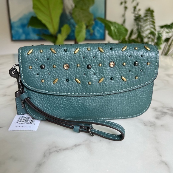 NWT Coach 1941 Glovetanned Leather Clutch w Prairie Rivets Dark Turquoise 21638